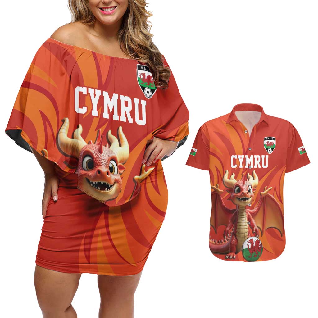 Custom Wales Football Go Champions Couples Matching Off Shoulder Short Dress and Hawaiian Shirt Cymru am byth Red Style