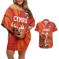 Custom Wales Football Go Champions Couples Matching Off Shoulder Short Dress and Hawaiian Shirt Cymru am byth Red Style