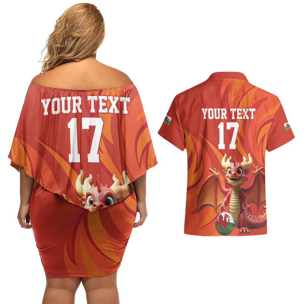 Custom Wales Football Go Champions Couples Matching Off Shoulder Short Dress and Hawaiian Shirt Cymru am byth Red Style