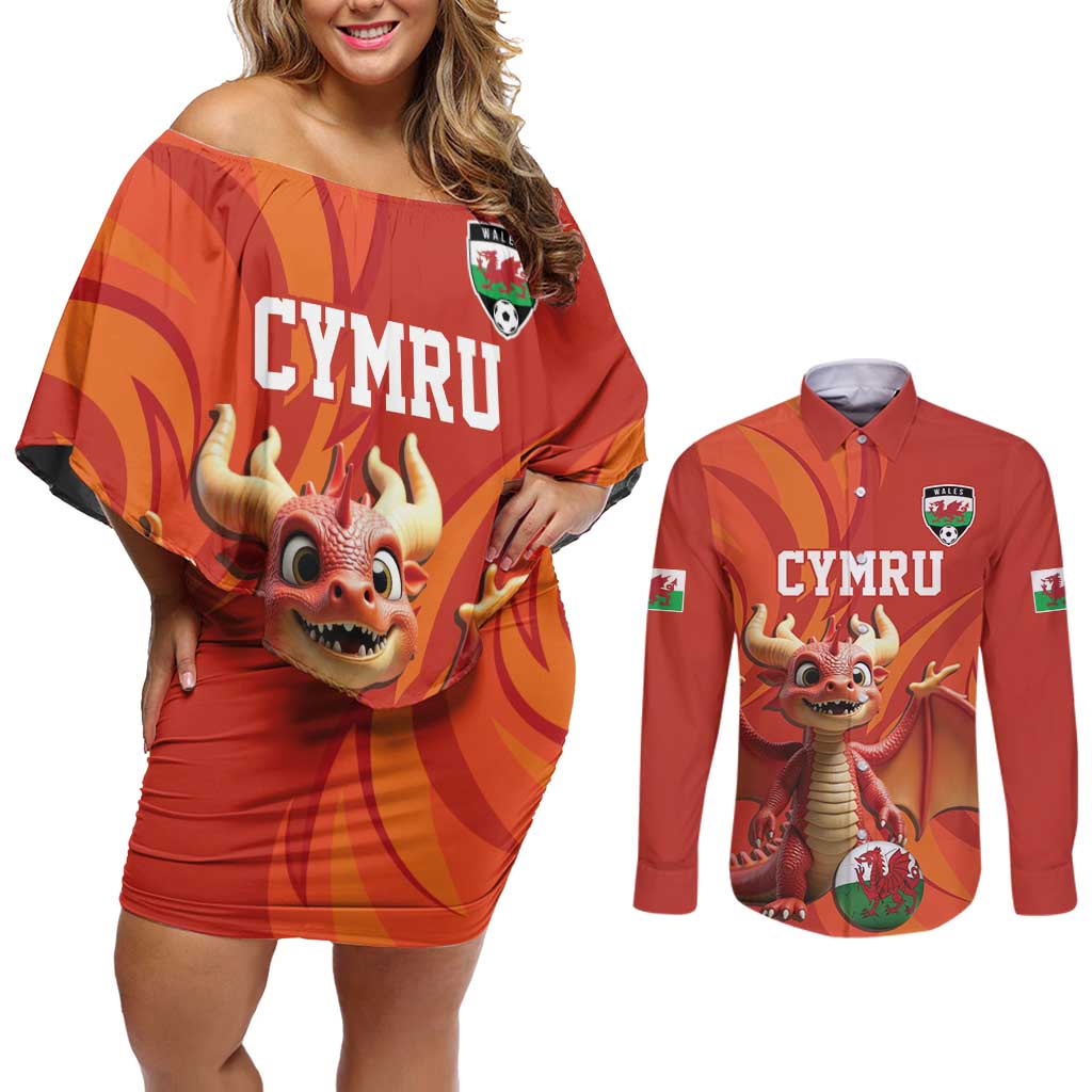 Custom Wales Football Go Champions Couples Matching Off Shoulder Short Dress and Long Sleeve Button Shirt Cymru am byth Red Style