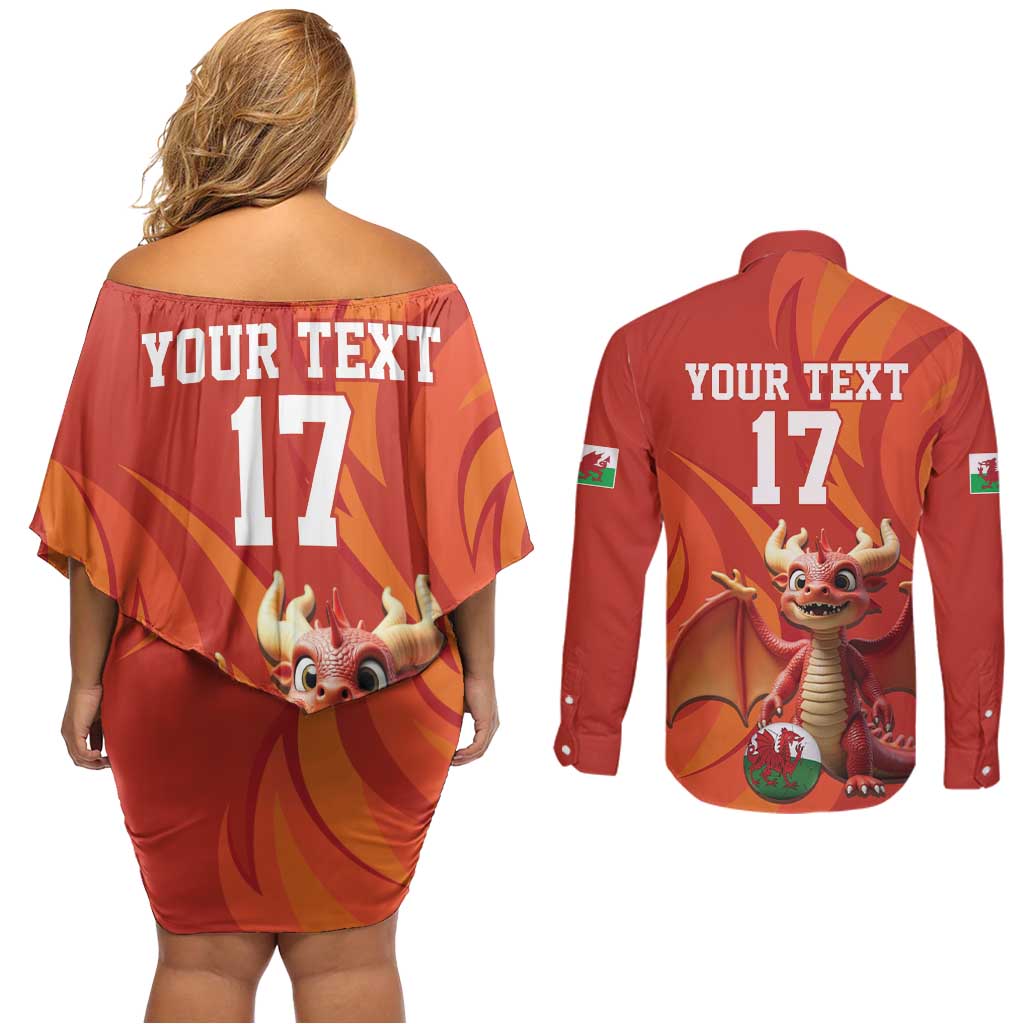 Custom Wales Football Go Champions Couples Matching Off Shoulder Short Dress and Long Sleeve Button Shirt Cymru am byth Red Style