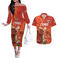 Custom Wales Football Go Champions Couples Matching Off The Shoulder Long Sleeve Dress and Hawaiian Shirt Cymru am byth Red Style