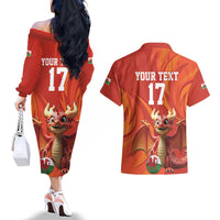 Custom Wales Football Go Champions Couples Matching Off The Shoulder Long Sleeve Dress and Hawaiian Shirt Cymru am byth Red Style