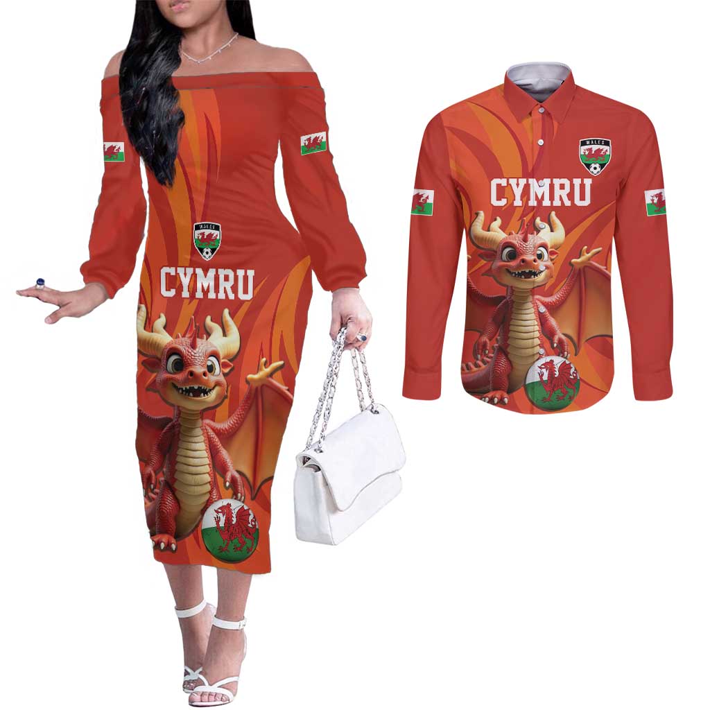 Custom Wales Football Go Champions Couples Matching Off The Shoulder Long Sleeve Dress and Long Sleeve Button Shirt Cymru am byth Red Style
