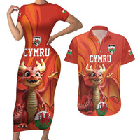 Custom Wales Football Go Champions Couples Matching Short Sleeve Bodycon Dress and Hawaiian Shirt Cymru am byth Red Style