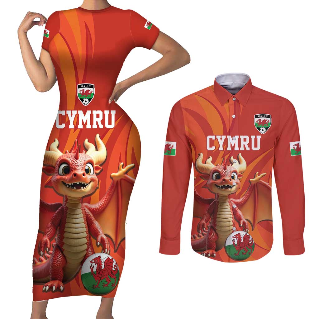 Custom Wales Football Go Champions Couples Matching Short Sleeve Bodycon Dress and Long Sleeve Button Shirt Cymru am byth Red Style