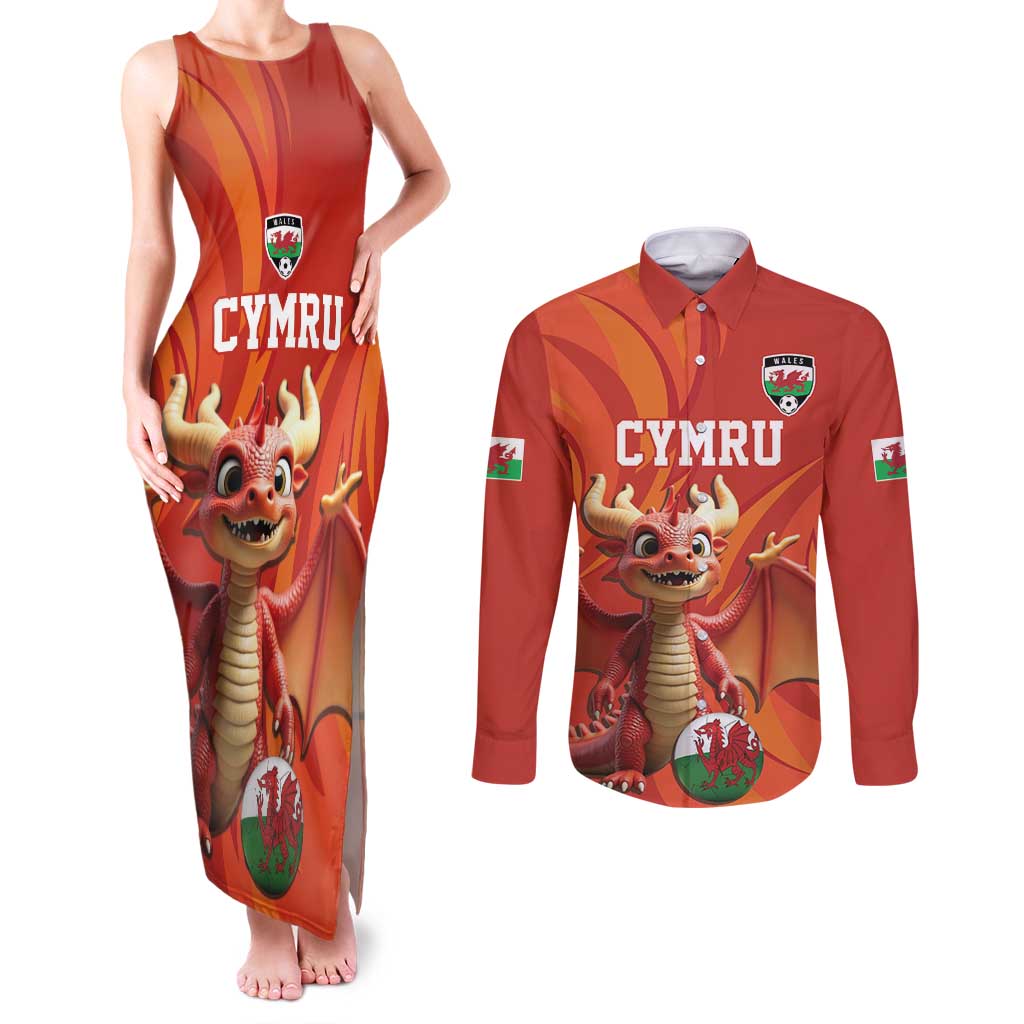 Custom Wales Football Go Champions Couples Matching Tank Maxi Dress and Long Sleeve Button Shirt Cymru am byth Red Style