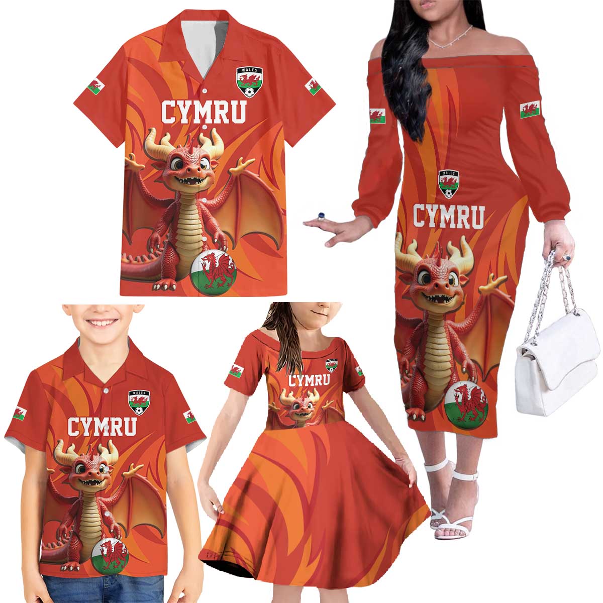 Custom Wales Football Go Champions Family Matching Off The Shoulder Long Sleeve Dress and Hawaiian Shirt Cymru am byth Red Style