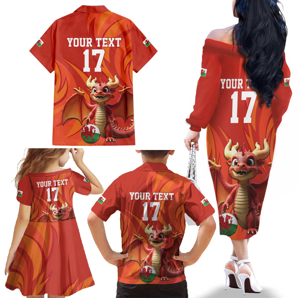 Custom Wales Football Go Champions Family Matching Off The Shoulder Long Sleeve Dress and Hawaiian Shirt Cymru am byth Red Style