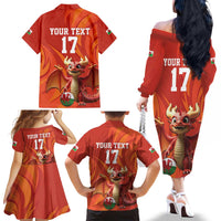 Custom Wales Football Go Champions Family Matching Off The Shoulder Long Sleeve Dress and Hawaiian Shirt Cymru am byth Red Style
