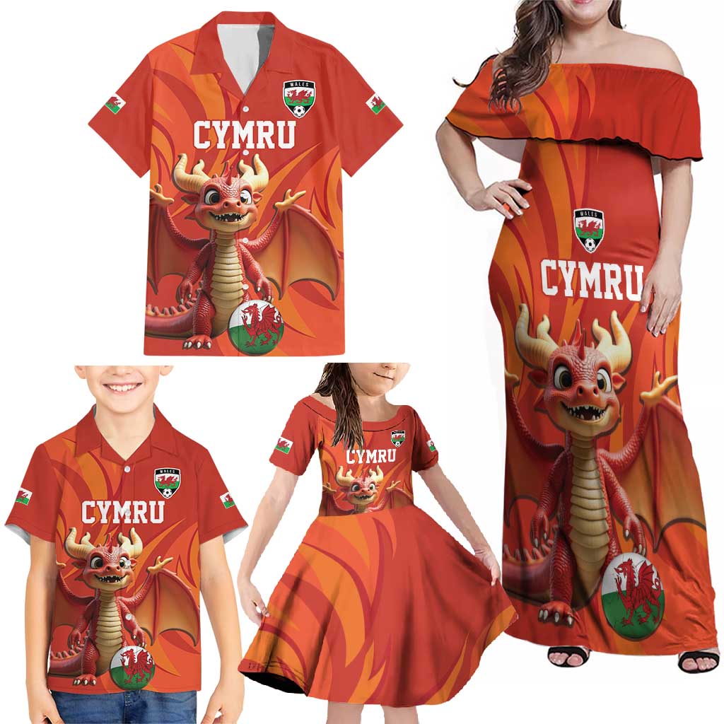 Custom Wales Football Go Champions Family Matching Off Shoulder Maxi Dress and Hawaiian Shirt Cymru am byth Red Style
