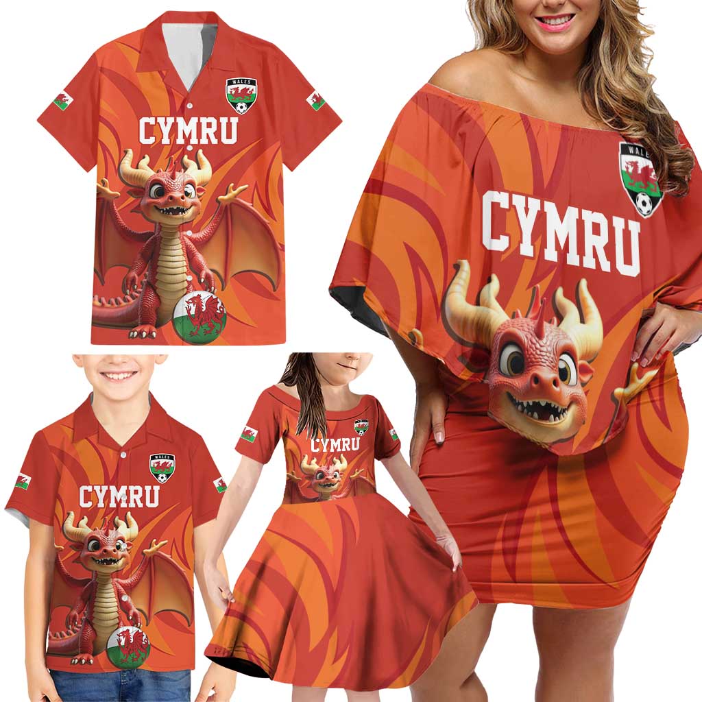 Custom Wales Football Go Champions Family Matching Off Shoulder Short Dress and Hawaiian Shirt Cymru am byth Red Style