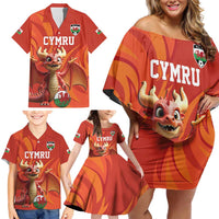 Custom Wales Football Go Champions Family Matching Off Shoulder Short Dress and Hawaiian Shirt Cymru am byth Red Style
