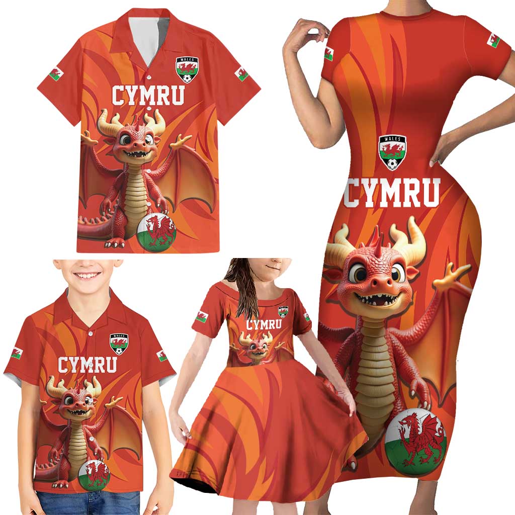 Custom Wales Football Go Champions Family Matching Short Sleeve Bodycon Dress and Hawaiian Shirt Cymru am byth Red Style