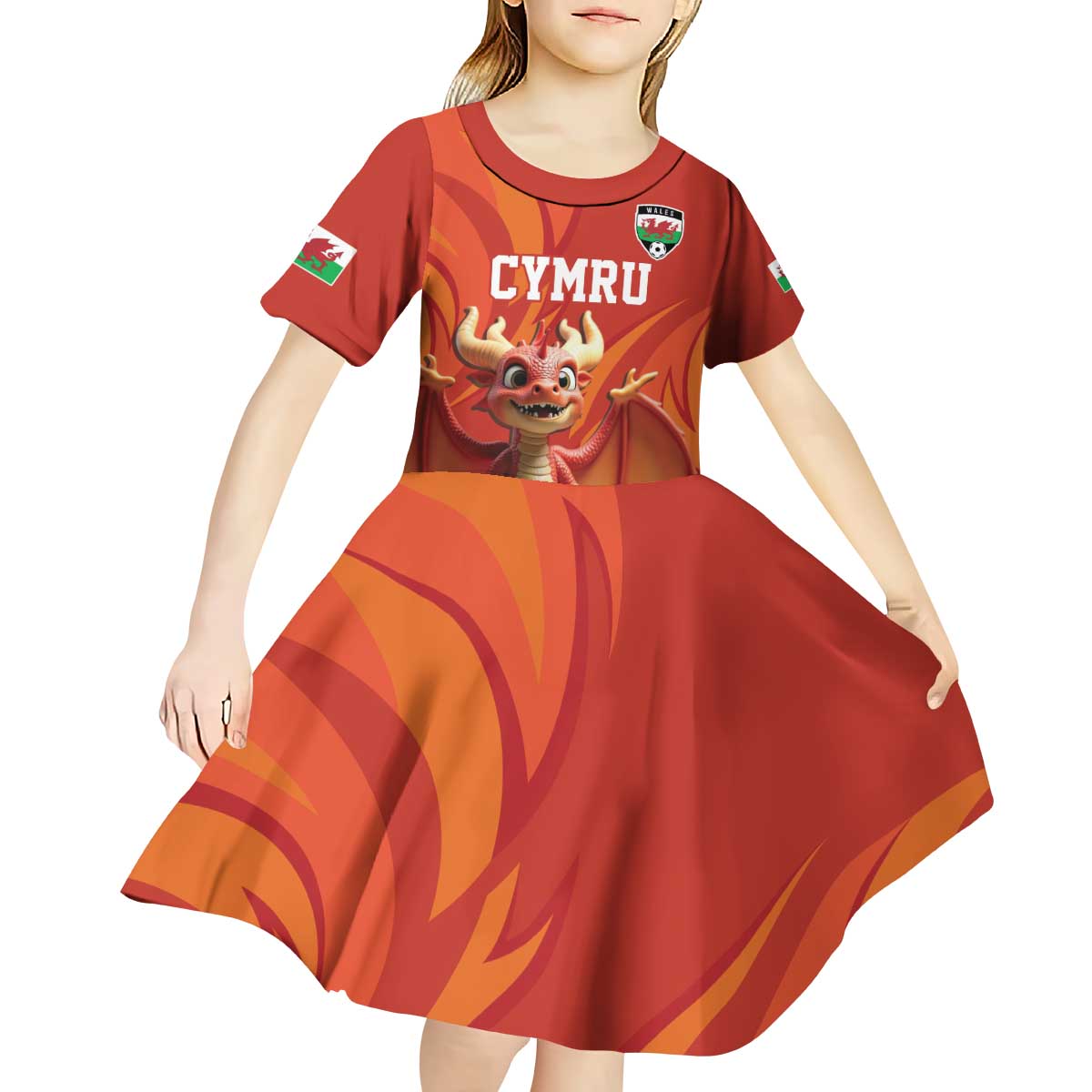 Custom Wales Football Go Champions Kid Short Sleeve Dress Cymru am byth Red Style