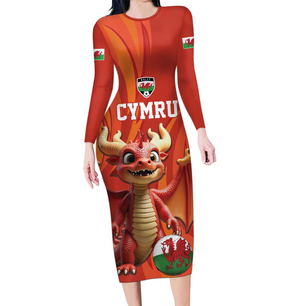 Custom Wales Football Go Champions Long Sleeve Bodycon Dress Cymru am byth Red Style