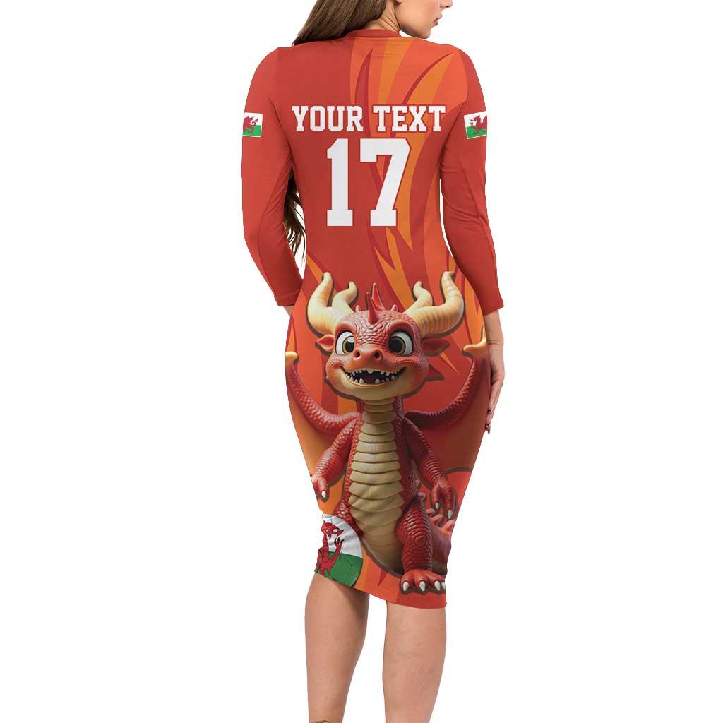 Custom Wales Football Go Champions Long Sleeve Bodycon Dress Cymru am byth Red Style