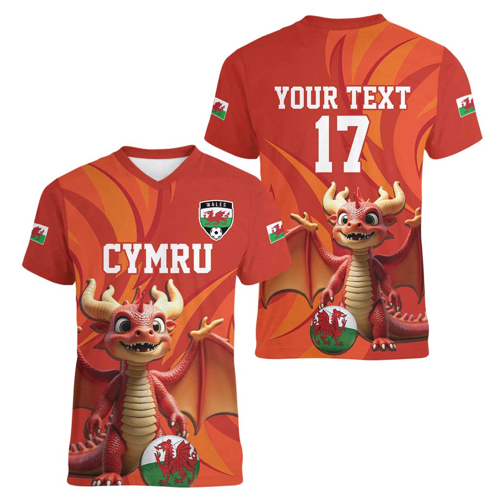 Custom Wales Football Go Champions Women V-Neck T-Shirt Cymru am byth Red Style