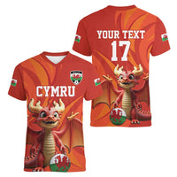 Custom Wales Football Go Champions Women V-Neck T-Shirt Cymru am byth Red Style