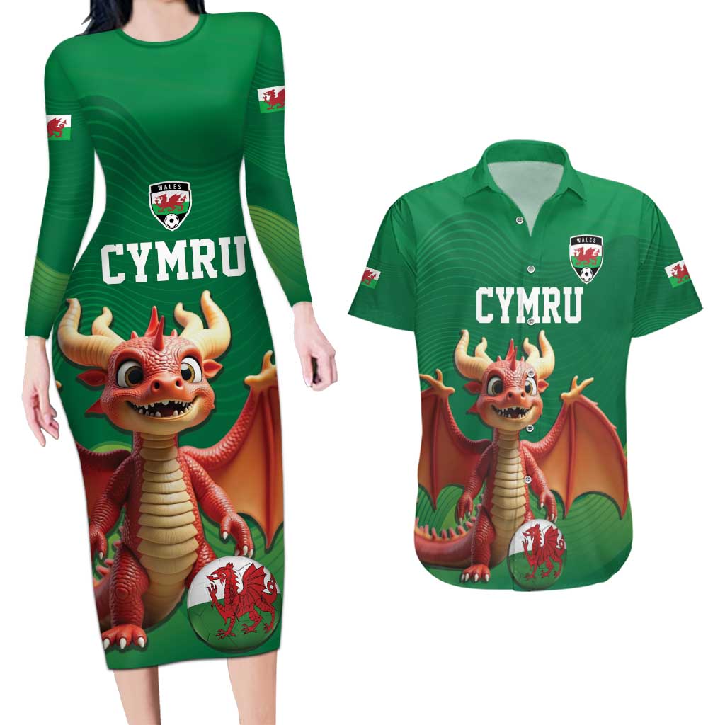 Custom Wales Football Go Champions Couples Matching Long Sleeve Bodycon Dress and Hawaiian Shirt Cymru am byth Green Style