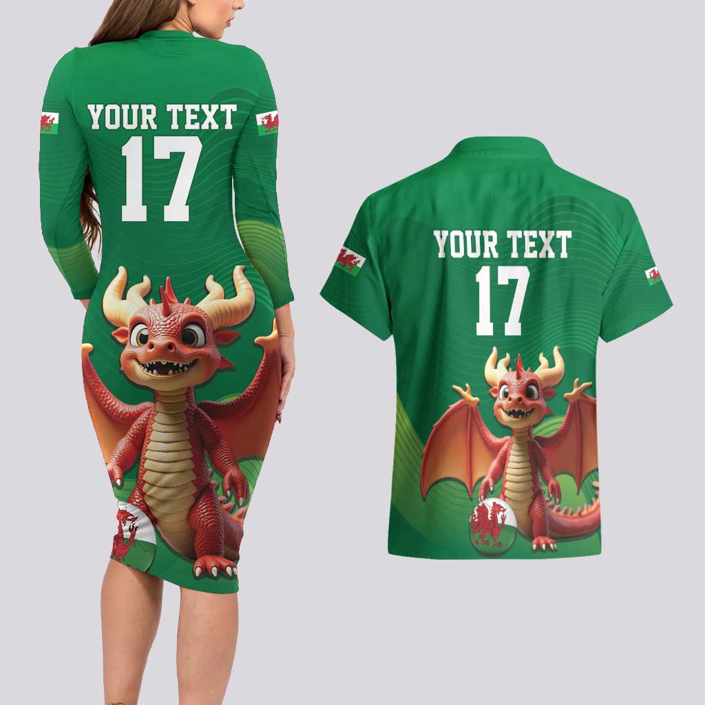 Custom Wales Football Go Champions Couples Matching Long Sleeve Bodycon Dress and Hawaiian Shirt Cymru am byth Green Style