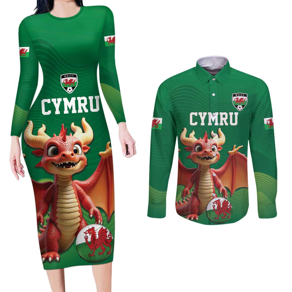 Custom Wales Football Go Champions Couples Matching Long Sleeve Bodycon Dress and Long Sleeve Button Shirt Cymru am byth Green Style