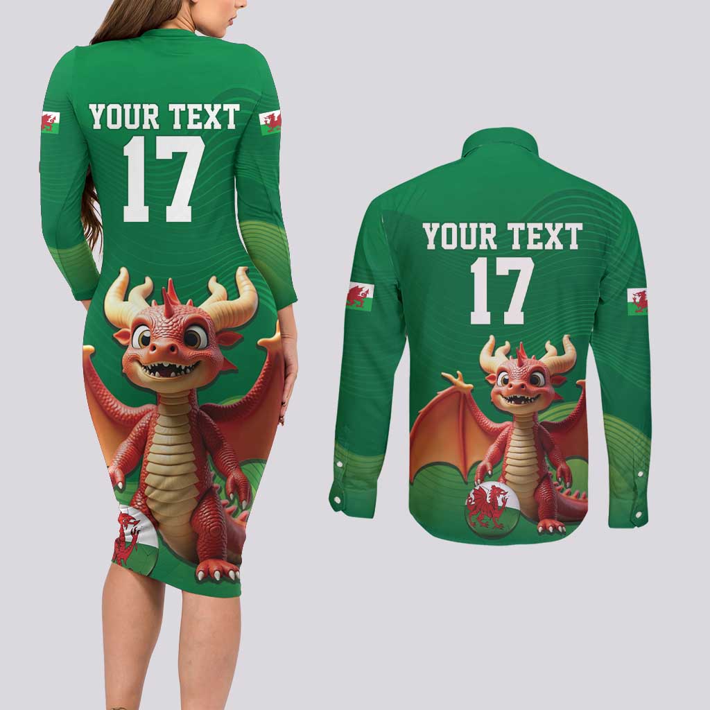 Custom Wales Football Go Champions Couples Matching Long Sleeve Bodycon Dress and Long Sleeve Button Shirt Cymru am byth Green Style