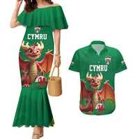Custom Wales Football Go Champions Couples Matching Mermaid Dress and Hawaiian Shirt Cymru am byth Green Style