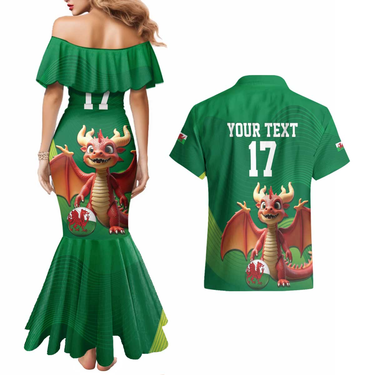 Custom Wales Football Go Champions Couples Matching Mermaid Dress and Hawaiian Shirt Cymru am byth Green Style
