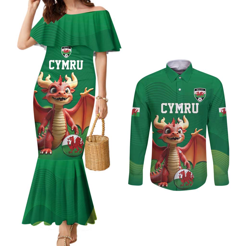 Custom Wales Football Go Champions Couples Matching Mermaid Dress and Long Sleeve Button Shirt Cymru am byth Green Style