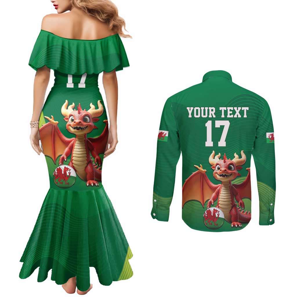 Custom Wales Football Go Champions Couples Matching Mermaid Dress and Long Sleeve Button Shirt Cymru am byth Green Style
