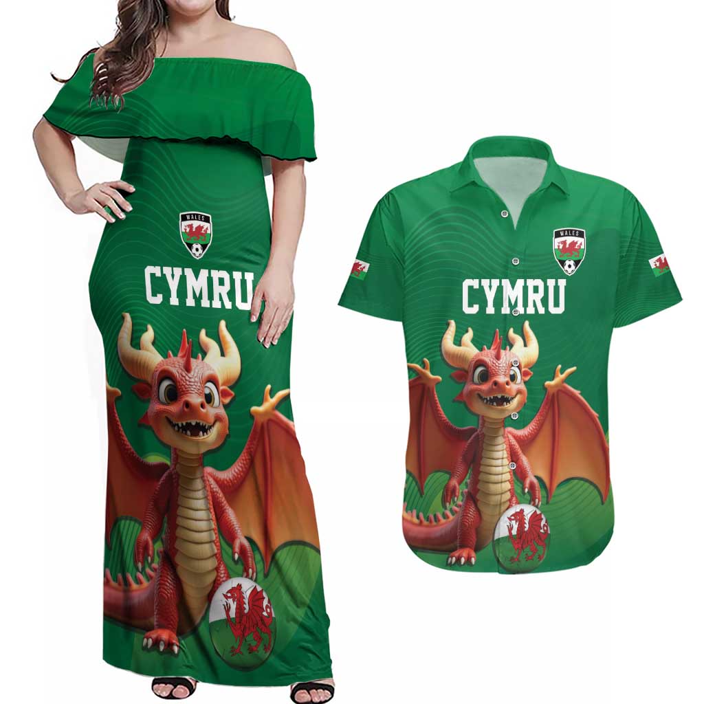 Custom Wales Football Go Champions Couples Matching Off Shoulder Maxi Dress and Hawaiian Shirt Cymru am byth Green Style