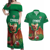 Custom Wales Football Go Champions Couples Matching Off Shoulder Maxi Dress and Hawaiian Shirt Cymru am byth Green Style
