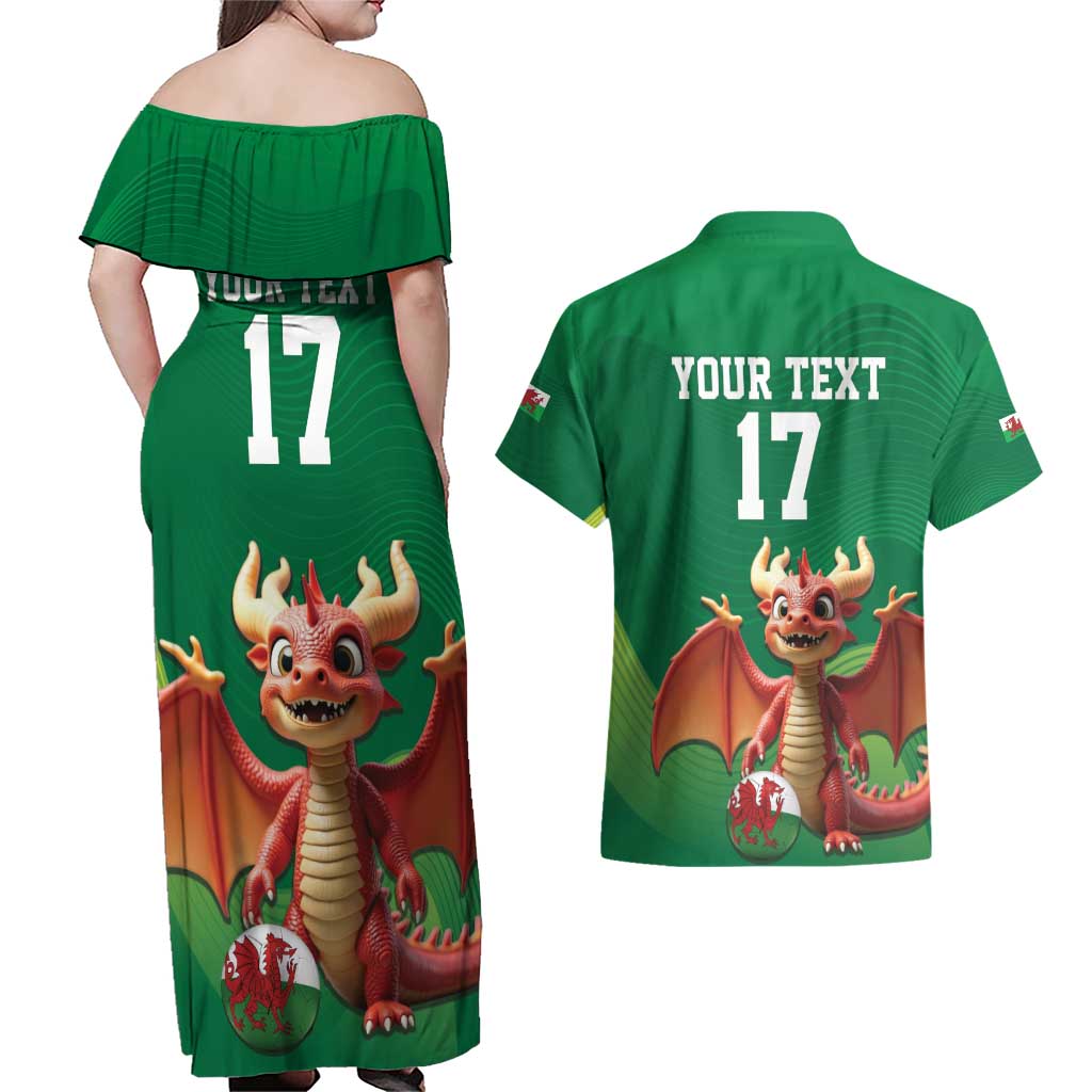 Custom Wales Football Go Champions Couples Matching Off Shoulder Maxi Dress and Hawaiian Shirt Cymru am byth Green Style