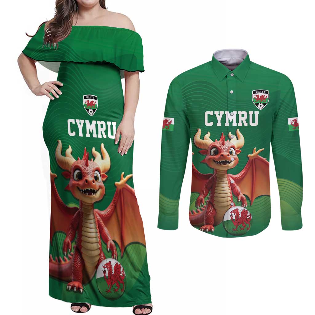 Custom Wales Football Go Champions Couples Matching Off Shoulder Maxi Dress and Long Sleeve Button Shirt Cymru am byth Green Style