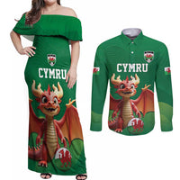 Custom Wales Football Go Champions Couples Matching Off Shoulder Maxi Dress and Long Sleeve Button Shirt Cymru am byth Green Style