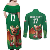 Custom Wales Football Go Champions Couples Matching Off Shoulder Maxi Dress and Long Sleeve Button Shirt Cymru am byth Green Style