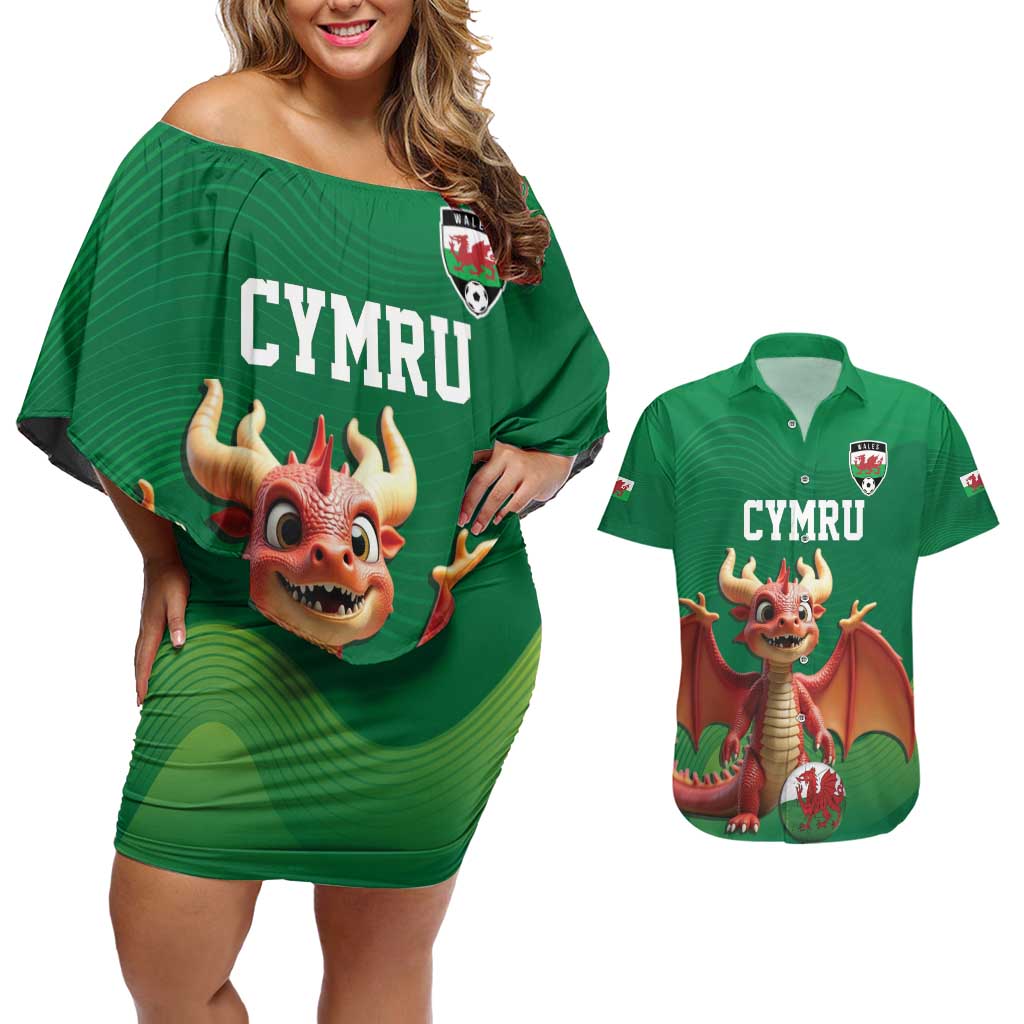 Custom Wales Football Go Champions Couples Matching Off Shoulder Short Dress and Hawaiian Shirt Cymru am byth Green Style