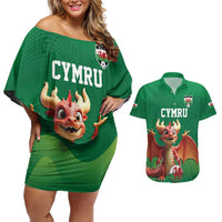 Custom Wales Football Go Champions Couples Matching Off Shoulder Short Dress and Hawaiian Shirt Cymru am byth Green Style
