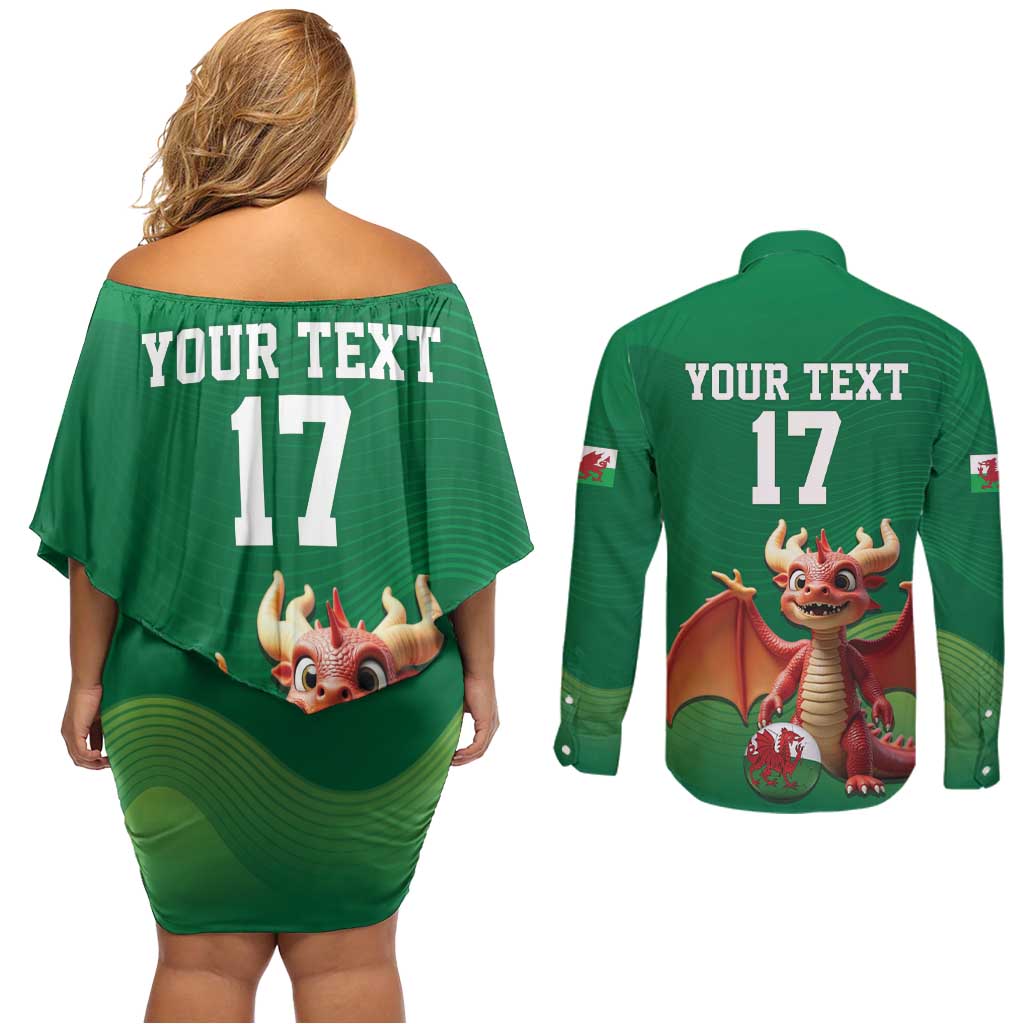 Custom Wales Football Go Champions Couples Matching Off Shoulder Short Dress and Long Sleeve Button Shirt Cymru am byth Green Style