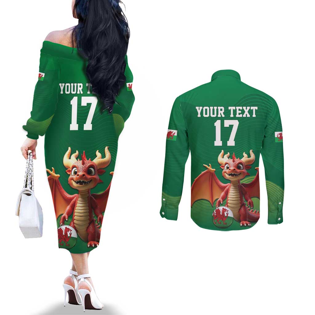 Custom Wales Football Go Champions Couples Matching Off The Shoulder Long Sleeve Dress and Long Sleeve Button Shirt Cymru am byth Green Style