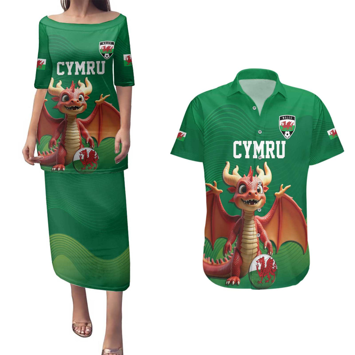 Custom Wales Football Go Champions Couples Matching Puletasi and Hawaiian Shirt Cymru am byth Green Style