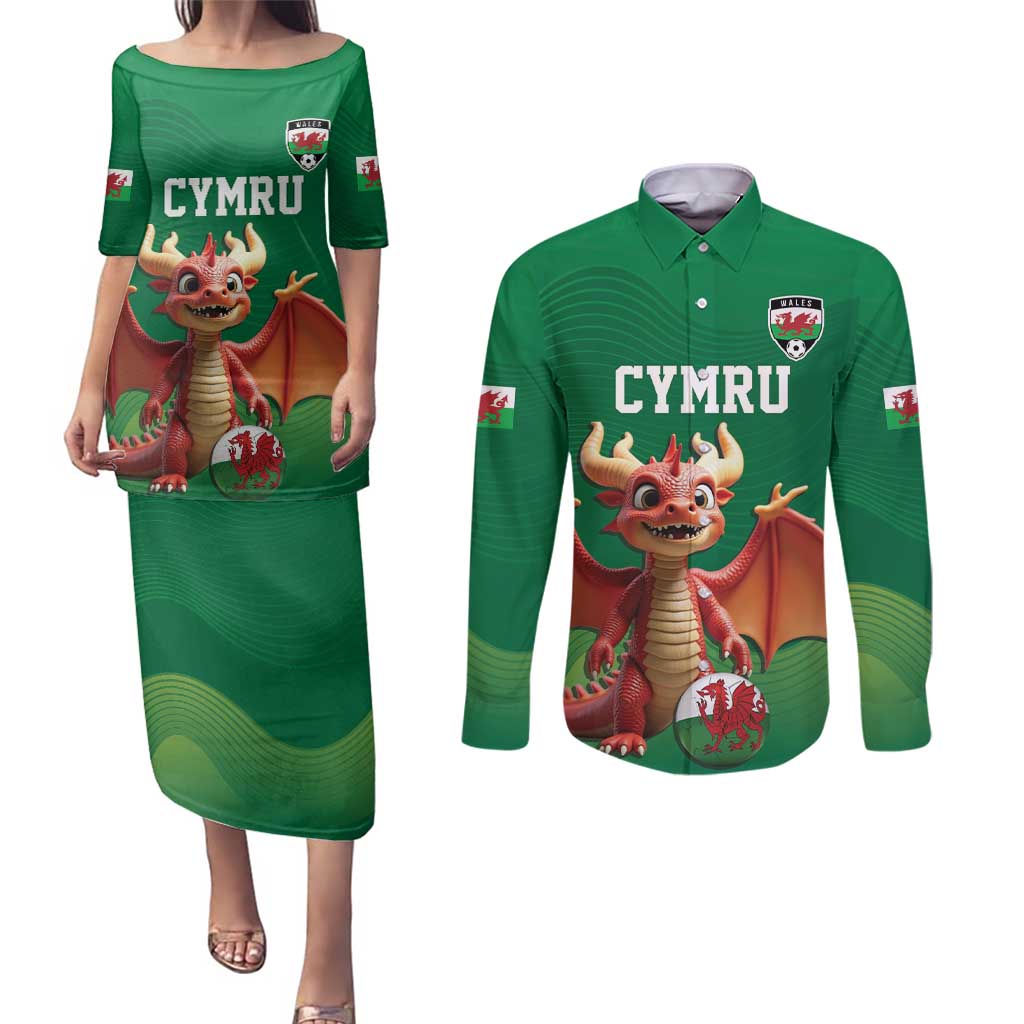 Custom Wales Football Go Champions Couples Matching Puletasi and Long Sleeve Button Shirt Cymru am byth Green Style