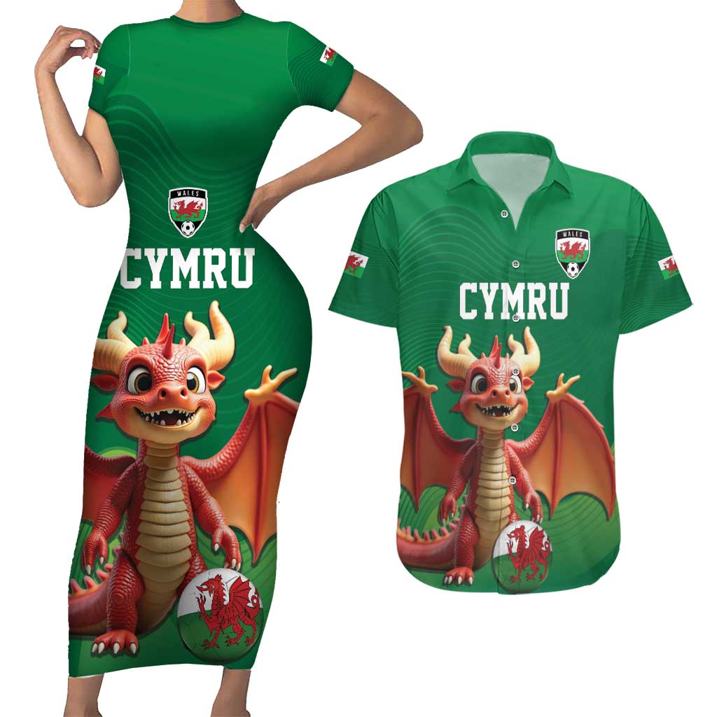 Custom Wales Football Go Champions Couples Matching Short Sleeve Bodycon Dress and Hawaiian Shirt Cymru am byth Green Style