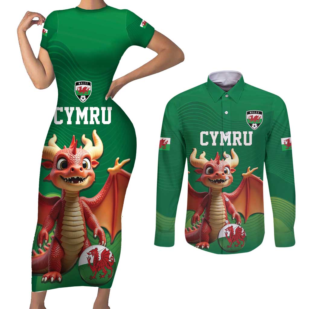 Custom Wales Football Go Champions Couples Matching Short Sleeve Bodycon Dress and Long Sleeve Button Shirt Cymru am byth Green Style