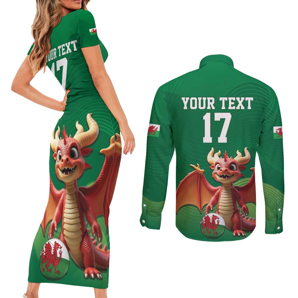 Custom Wales Football Go Champions Couples Matching Short Sleeve Bodycon Dress and Long Sleeve Button Shirt Cymru am byth Green Style