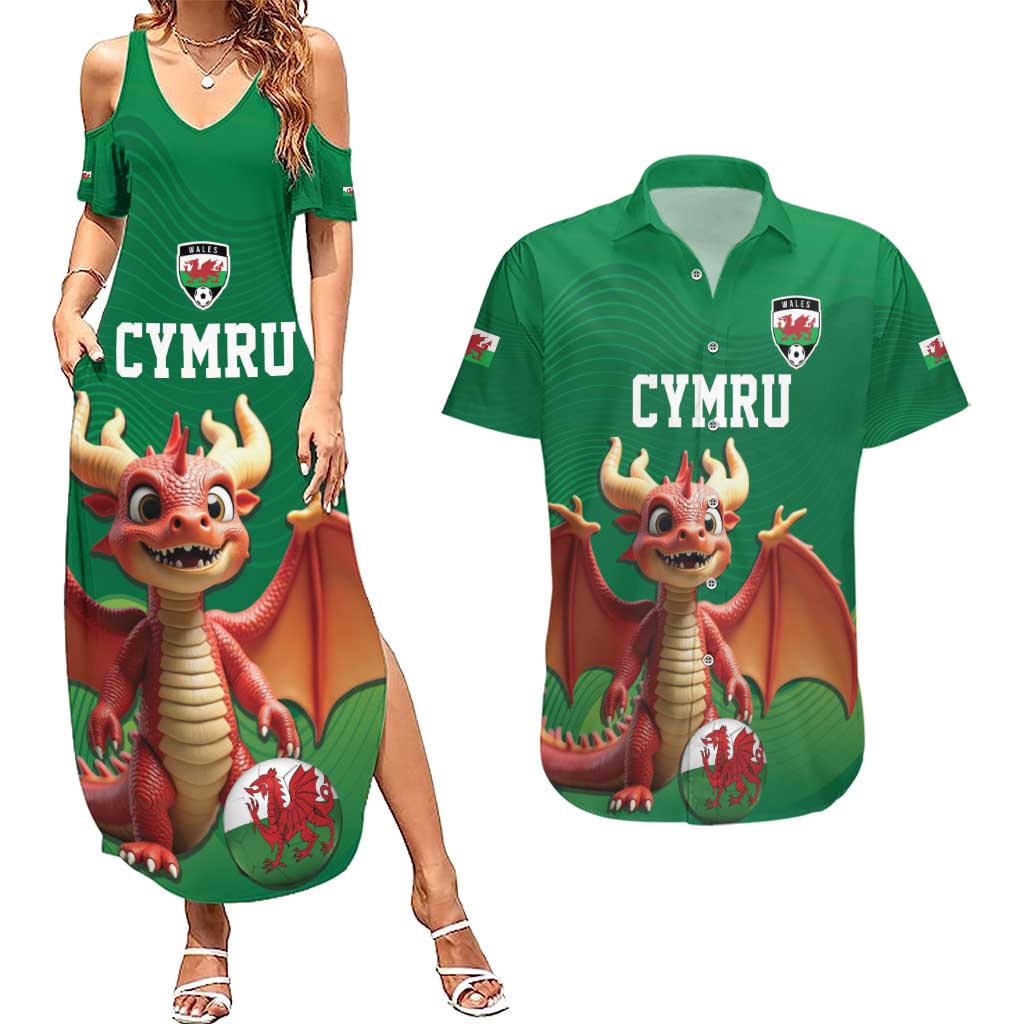 Custom Wales Football Go Champions Couples Matching Summer Maxi Dress and Hawaiian Shirt Cymru am byth Green Style