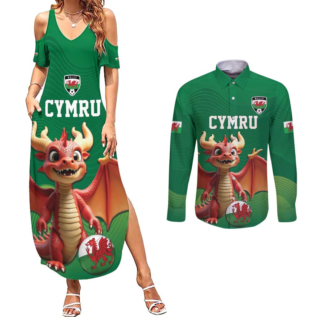 Custom Wales Football Go Champions Couples Matching Summer Maxi Dress and Long Sleeve Button Shirt Cymru am byth Green Style