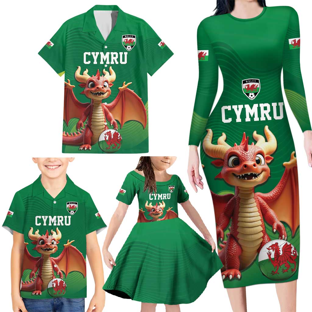 Custom Wales Football Go Champions Family Matching Long Sleeve Bodycon Dress and Hawaiian Shirt Cymru am byth Green Style
