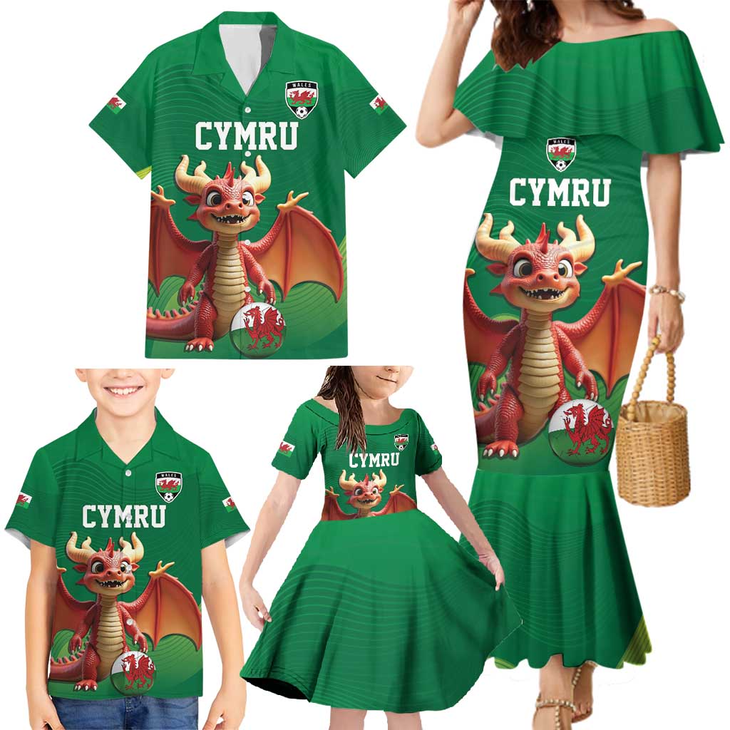 Custom Wales Football Go Champions Family Matching Mermaid Dress and Hawaiian Shirt Cymru am byth Green Style